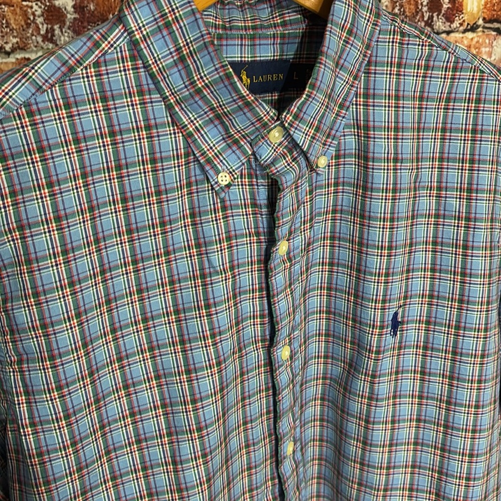 Ralph Lauren Men's Blue Plaid Shirt large button down classic picnic spring